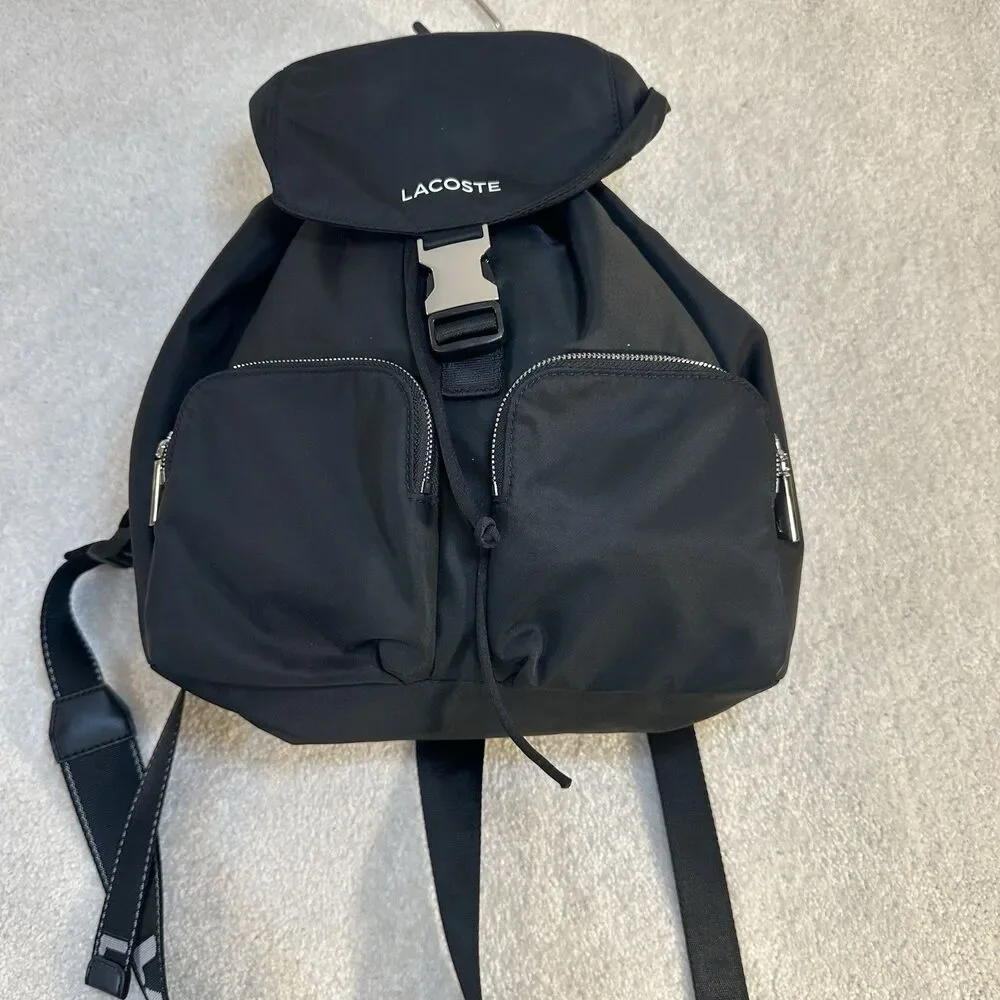 Lacoste Women's Solid Black Cinch Flap Nylon Bag Backpack